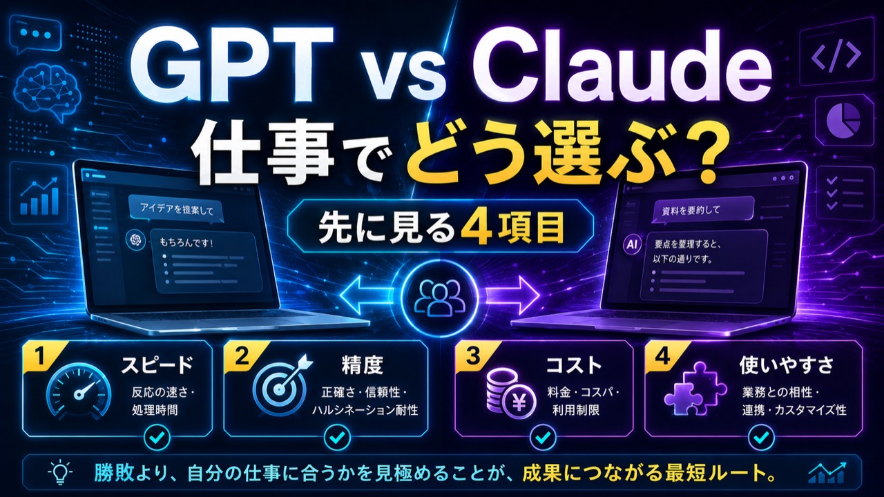 GPTとClaudeを仕事で使う前にスピード、精度、コスト、使いやすさで比較するアイキャッチ画像