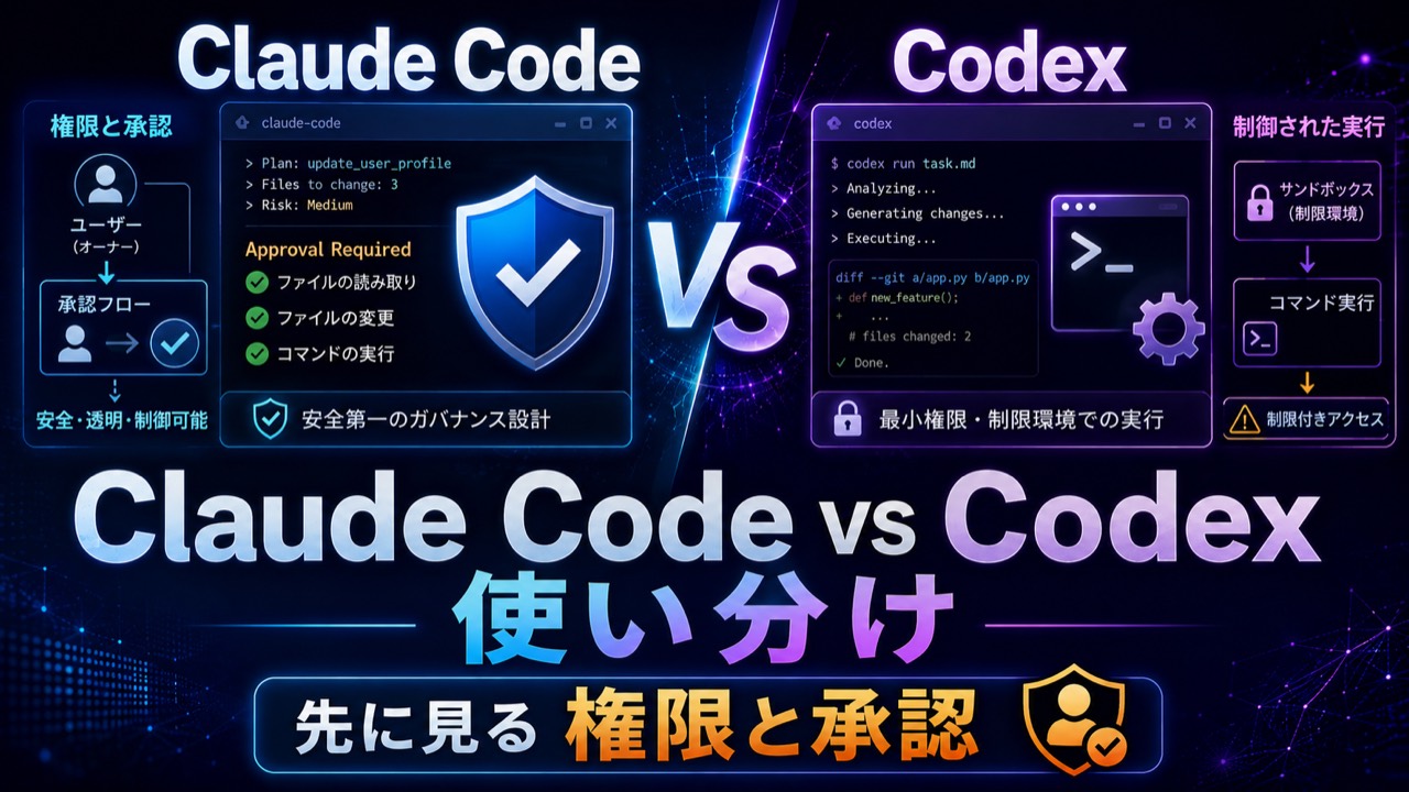 Claude CodeとCodexの使い分けを権限と承認の観点で説明するアイキャッチ画像