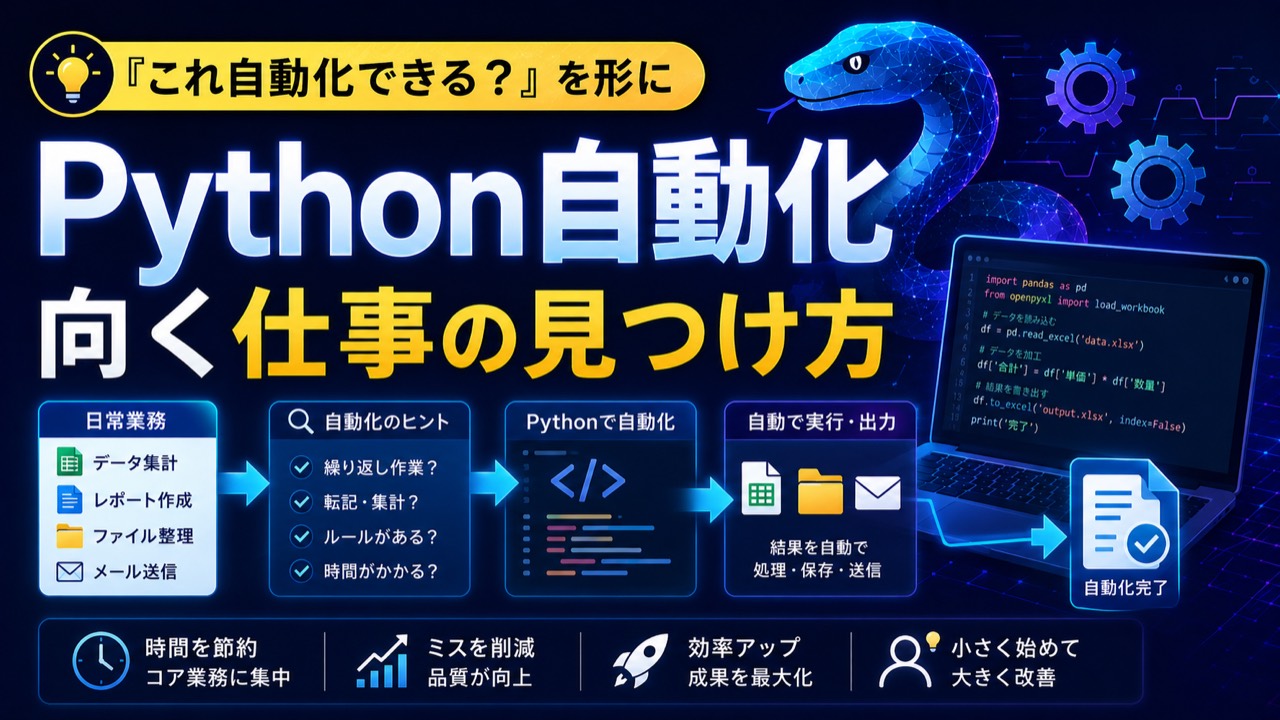 Python自動化に向く仕事の見つけ方を日常業務から見つける流れで説明するアイキャッチ画像