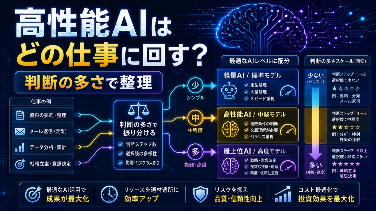 高性能AIを判断の多さで仕事に振り分ける考え方を説明するアイキャッチ画像